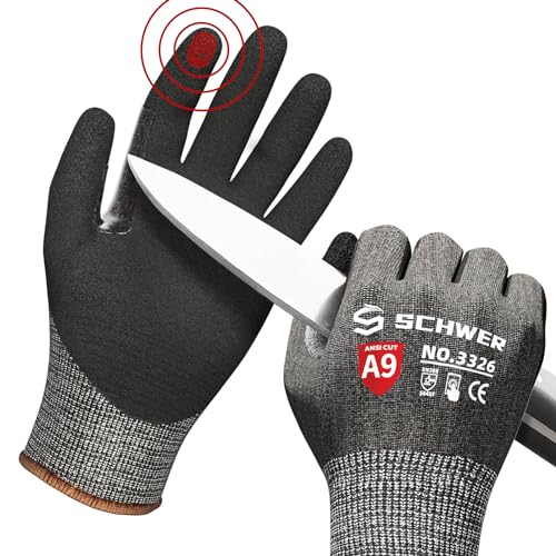 Schwer ProGuard Highest Level Cut Resistant Work Gloves PR3326 for Extreme Protection, ANSI A9 Working Gloves with Sandy Nitrile Coated, Touch-screen, Durable, Machine Washable, Black 1 Pair（L）