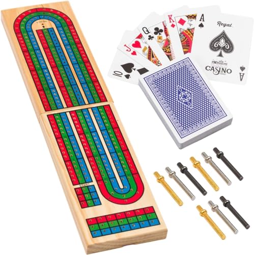 Regal Games - Traditional Wooden Cribbage Board Set - - Includes9 Metal Pegs, 1 Wood Game Board, Deck of Cards -Classic Tabletop Game Fun for Family Game Night - for 2-4 Players - Ages 8+