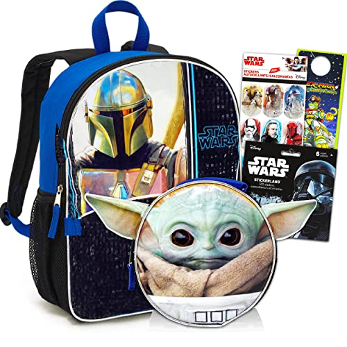 Disney Studio Mandalorian Backpack with Baby Yoda Lunch Box Set - Bundle with 16' Mandalorian Backpack, Baby Yoda Shaped Ears Lunch Bag, Stickers | Mandalorian Backpack for Boys