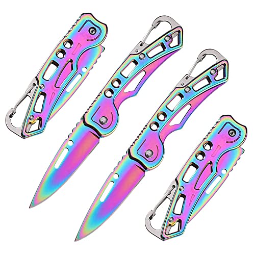 WWZJ 2 Pack Pocket Knife (Multicolored Titanium) with Key Ring Easy To Everyday Carry, Folding Knife Self-Defense