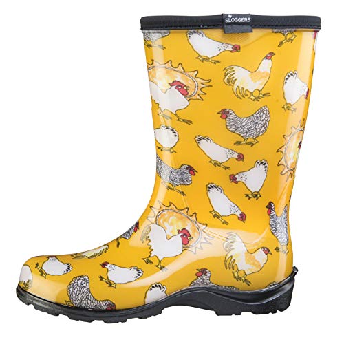 Sloggers Waterproof Garden Rain Boots for Women - Cute Mid-Calf Mud & Muck Boots with Premium Comfort Support Insole, (Chickens Daffodil Yellow), (Size 8)