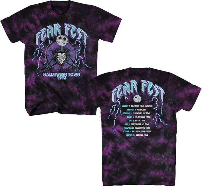 Nightmare Before Christmas Fear Fest Tour Tie Dye Jack T-Shirt(LG, Black Purple Wash)