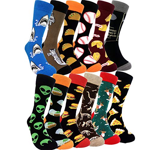 HSELL Mens Colorful Dress Socks Novelty Men Funny Pattern Fashionable Fun Crew Cotton Socks (12 Pairs)