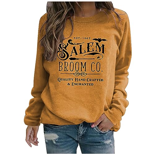 Yxzogd Salem Broom Company Women Sweatshirt Long Sleeve Halloween Shirt Crewneck Pullover Sweater Tops 2024 Fall Clothes Women'S Novelty Sweatshirts Sweatshirt for Women Dog Theme