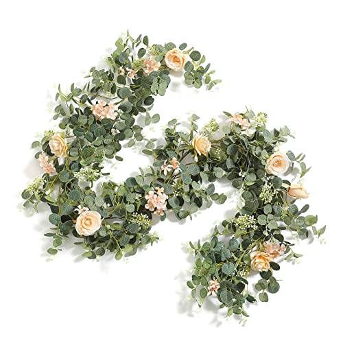 Serra Flora 6FT Artificial Flowers Eucalyptus Garland with Roses Flower Vine Greenery Hanging Plant for Wedding Party Arch Table Arrangement Indoor Outdoor Backdrop Wall Decor