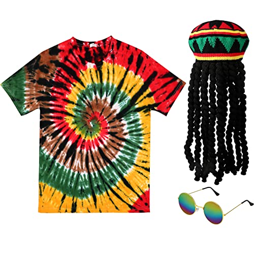 Boyiee Rasta Music Costumes Kit, 3 Pcs, Reggae Hat with Black Dreadlocks, Tie Dye T Shirt, Sunglasses, Jamaican Costume Kit (XL)