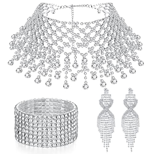 3 Pcs Women Crystal Jewelry Set Includes Bridal Wedding Rhinestone Choker Necklace Crystal Bracelets and Dangle Earrings (Stylish Style)