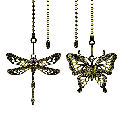 Dotlite Bronze Ceiling Fan Pull Chain Extender,Dragonfly and Butterfly Decorative Fan Chain Pendant Extension,12in 3mm Beaded Fan String Chain Ornaments with Connector for Fan Lamp,2Pack