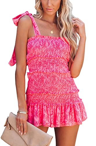 chouyatou Women's Summer Floral Spaghetti Strap Square Neck Ruffle Tie Mini Smocked Dress (Medium, Hot Pink)