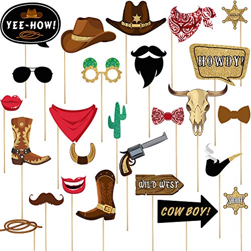 Blulu 26 Pieces West Cowboy Photo Booth Props Kit, Cowgirl Western Party Decorations Selfie Props for Western Cowboy Theme Party Favors Supplies (Cowboy)
