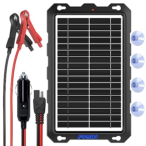 POWOXI-9W-Solar-Battery-Trickle-Charger-Maintainer -12V Portable Waterproof Solar Panel Trickle Charging Kit for Car, Motorcycle, Boat, Marine, RV, Trailer, Powersports, Snowmobile, etc.