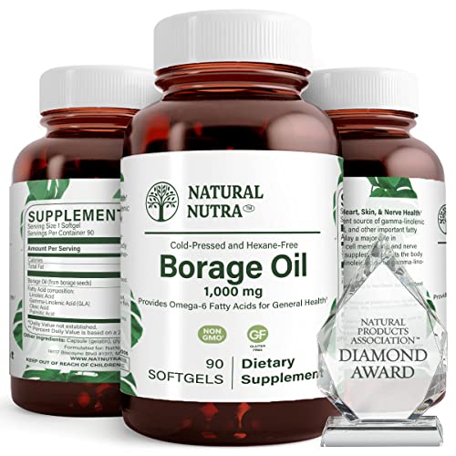 Natural Nutra Borage Oil, Maintain Skin Health, Support Heart Health, Improves Nerve Health,Omega 6 Essential Fatty Acids Supplement 90 Softgels.