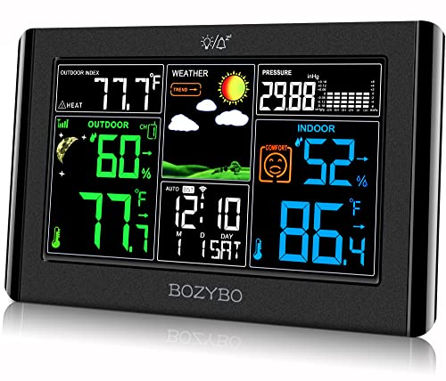 BOZYBO Weather Station Wireless Indoor Outdoor Thermometer: Digital Weather Thermometer with Atomic Clock Temperature Humidity Monitor with Calendar Adjustable Backlight and Calendar