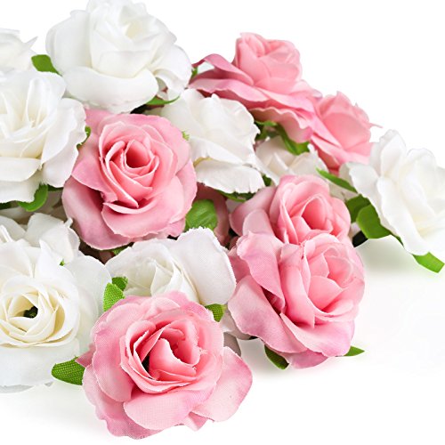 Kesoto 50pcs Mini Pink and White Roses Artificial Flowers Bulk, 1.6' Small Silk Fake Roses Flower Heads for Decoration, Crafts, Wedding Centerpieces Party Home Decor