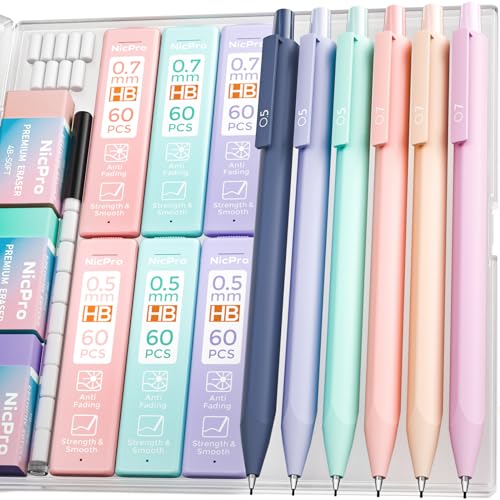 Nicpro 6PCS Pastel Mechanical Pencil Set, 0.5 & 0.7 mm with 6 Tubes HB Lead Refill, 3PCS Eraser and 9PCS Eraser Refill for Student Writing Drafing, Drawing, Sketching-with Cute Case