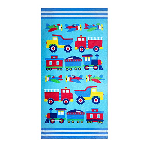 Wildkin Kids 100% Cotton Beach Towel for Boys and Girls, Measures 64 x 32 Inches Kids Beach Towels, Perfect for Beach and Pool Time Towel for Kids (Trains, Planes & Trucks)