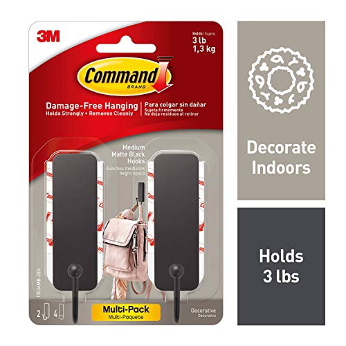 Command Medium Decorative Wall Hooks, Damage Free Hanging Wall Hooks with Adhesive Strips, No Tools Wall Hooks for Hanging Decorations in Living Spaces, 2 Black Hooks and 4 Command Strips
