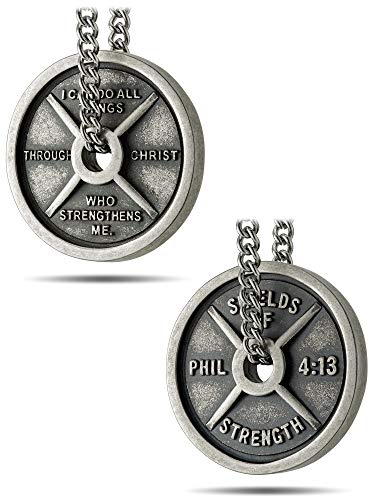 Men's Stainless Steel with Antique Finish Weight Plate Necklace - Philippians 4:13