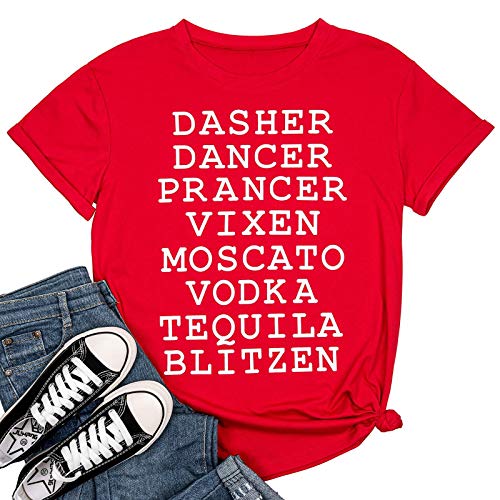 Womens Reindeer Alcohol Christmas Shirts Dasher Dancer Prancer Vixen Moscato Vodka Tequila Blitzen Xmas Graphic Tees Tops (Red, XXL)