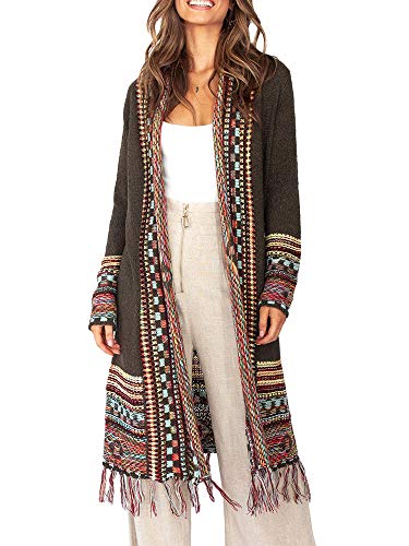 FERBIA Women Boho Cardigan Sweater Long Open Front Maxi Knit Sweaters Aztec Tribal Tassel Fringe Thin Coat