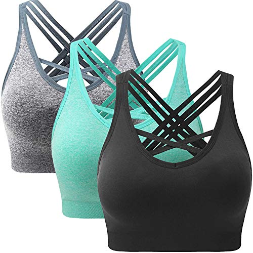 ANGOOL Strappy Sports Bras for Women - Medium Support Wirefree Yoga Bra Activewear 3 Pack