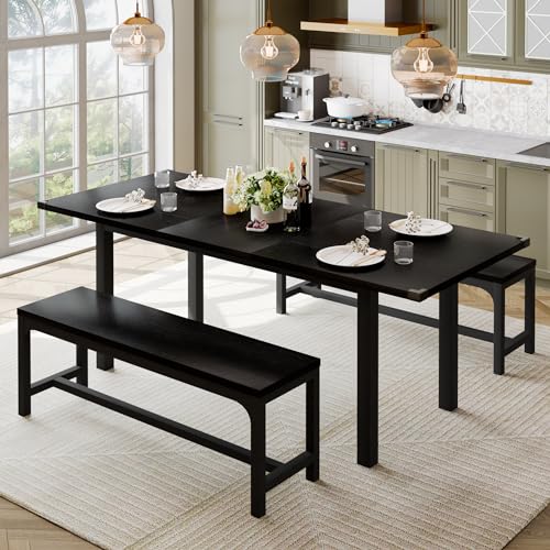 Feonase 63' Dining Table Set for 4-6, Extendable Dining Room Table with 2 Benches, 3 Pcs Kitchen Table for Small Space, Easy Clean, Black