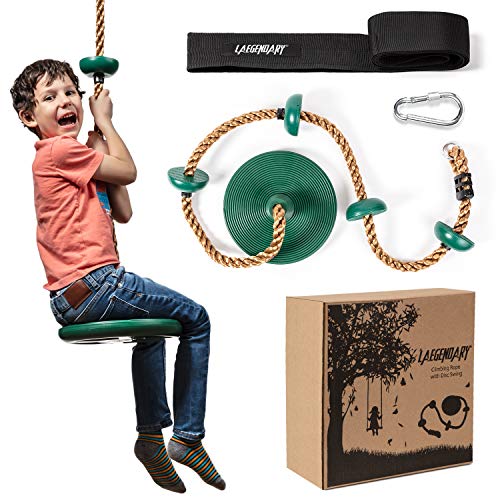 LAEGENDARY Climbing Rope Tree Swing with Platforms and Disc Swings Seat - Playground Swingset Accessories Outdoor for Kids - Tire Saucer Swing Outside Playset Toys - Carabiner and 4 Ft Tree Strap