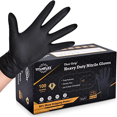 TITANflex Thor Grip Heavy Duty Black Industrial Nitrile Gloves, 8-mil, Large, Box of 100, Latex Free, Raised Diamond Texture, Powder Free, Food Safe, Rubber Gloves, Mechanic Gloves