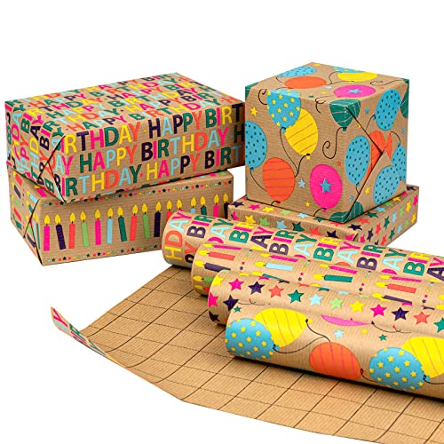 RUSPEPA Kraft Wrapping Paper Rolls - Mini Roll - 17 inches x 10 feet per Roll, Total of 4 Rolls, Colorful Birthday