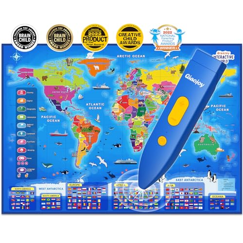 Qiaojoy Bilingual Interactive World Map for Kids Learning and Educational Toys, Talking Electronic Kids World Map i-Poster Geography Games Ages 3 to 12 Years Old, Custom Talking Birthday Gifts Card