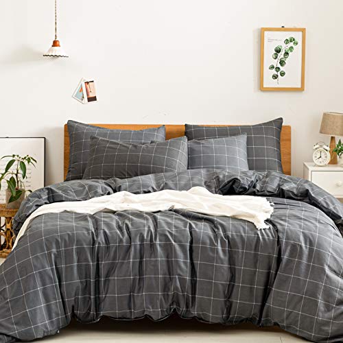 JELLYMONI 100% Natural Cotton 3pcs Plaid Duvet Cover Sets,Black with White Grid Geometric Pattern Printed Comforter Cover, with Zipper Closure & Corner Ties(Queen Size)