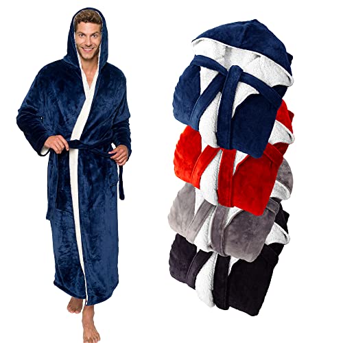 Ross Michaels Mens Robe Big & Tall Sherpa Lined Hooded Robe - Long Plush Fleece Bathrobe (Navy, 2X-3X-Large)