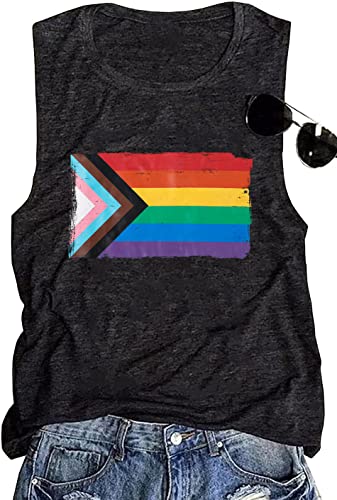 Progress Pride Rainbow Flag Tank Top Women LGBTQ Equality Tank Tops Sleeveless Graphic Tee Shirt (Dark Grey L)