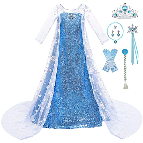 Luzlen Snow Princess Elsa Dress for Girls Toddler Queen Costume Halloween Christmas Cosplay Birthday Party Outfits Kids Blue, 4-5T(Tag 120)