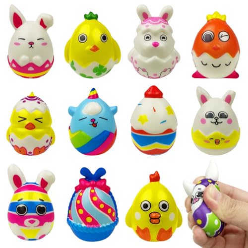 QINGQIU 12 Pack Mini Easter Squishy Toys Slow Rising Squishies Easter Toys for Kids Boys Girls Toddlers Easter Basket Stuffers Eggs Fillers Gifts Party Favors