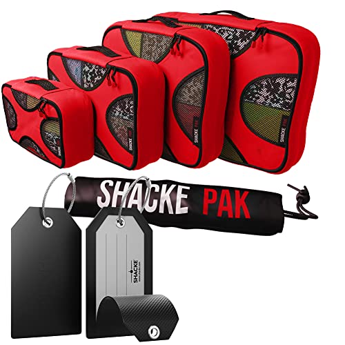 Shacke Pak - 5 Set Packing Cubes with Laundry Bag (Warm Red) & Luggage Tags with Full Back Privacy Cover & Steel Loops - Set of 2 (Black)