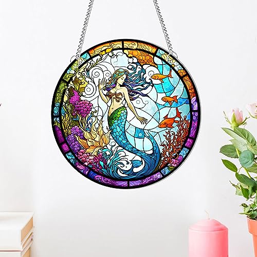 MATIHAY Mermaid Stained Acrylic Window Hanging, Acrylic Mermaid Wall Decor, Mermaid/Seahorse Ocean Wall Art Decor for Home, Coffee Bar, Housewarming Gift (Mermaid-S)