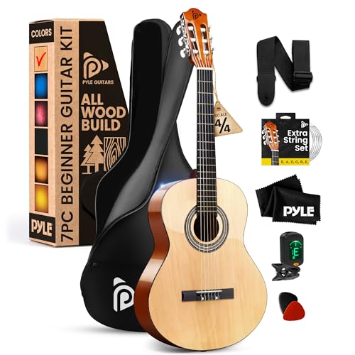 Pyle Beginner Acoustic Guitar Kit, 4/4 Full Size All Wood Instrument for Beginners, Adults, 39' Natural Gloss