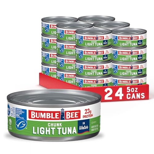 Bumble Bee Chunk Light Tuna In Water, 5 oz Cans (Pack of 24) - Wild Caught Skipjack Tuna - 23g Protein Per Serving - MSC Certified Sustainable Seafood, Non-GMO, Gluten Free, Kosher