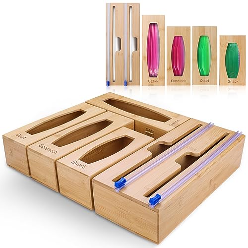 Gamtik Individual Storage Bag Organizer for Kitchen Drawer, Bamboo with Foil and Plastic Wrap Organizer for Kitchen Organizers and Storage, for Gallon, Quart, Sandwich, Snack