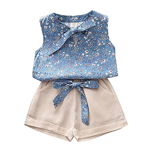 Kids Girls Summer Outdits Floral Print Sleeveless Bow Tie Tank Tops + Solid Solor Shorts Set Girls fashion Clothes 5t