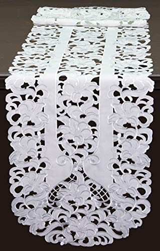 Creative Linens Embroidered Floral Table Runner 15x53 Oval Dresser Scarf White