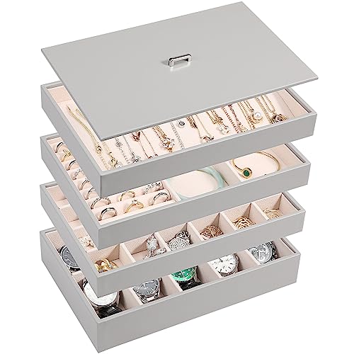 Voova Stackable Jewelry Organizer Tray with Lid, PU Leather Jewelry Storage Holder for Drawer Inserts, Jewellery Display Box Case for Earring Necklace Ring Watch Bracelet (Set of 4, Grey)