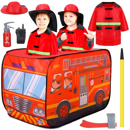 Arrowbash Fire Truck Tent with Firefighter Costume for Kids Firetruck Play Tent Kids Pop up Tent for Indoor Outdoor Toddler Fireman Dress up Firefighter Costume Role Career Play Suit for Toddler Gift