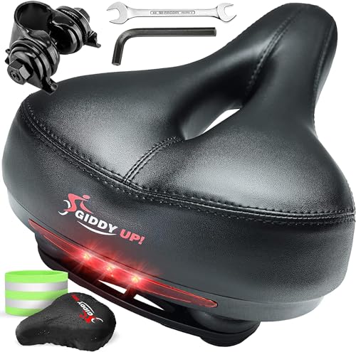 Giddy Up! Bike Seat - Comfortable Bike Saddle for Exercise and Road Bicycle with LED - Wide Padded Bicycle Saddle for Peloton - Replacement Comfort Bicycle Seat Cushion for Men and Women