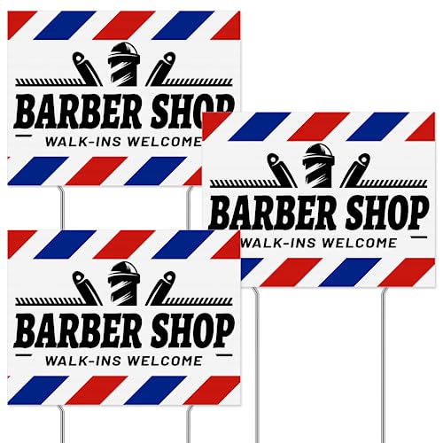 Therwen 3 Pcs Walk Ins Welcome Barber Sign Double Sided Barber Shop Sign Hairdresser Stripes Blue Barbershop Decor Outdoor Yard Signs with Stakes for Business Bar Cafe Garage, 12 x 15.8 Inch (Classic)