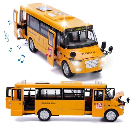 Crelloci School Bus Toy, Die Cast Pull Back 9'' Model Cars, with Lights & Sounds, Openable Doors, Large Yellow Metal Toy Vehicles, Play Bus for Boys Girls Kids Toddlers Ages 3+