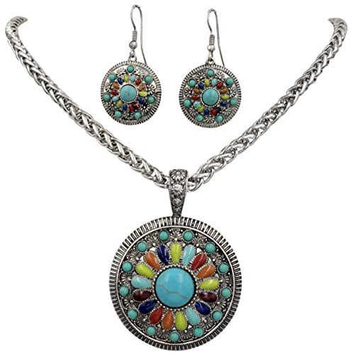 Gypsy Jewels Multi Color Simple Pendant Silver Tone Simulated Turquoise Boutique Style Statement Necklace & Dangle Earring Set (Round 2)