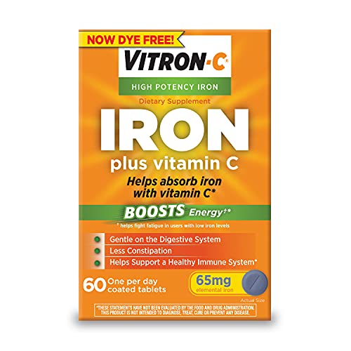 Vitron-C Iron Supplement, Once Daily, High Potency Iron Plus Vitamin C, Supports Red Blood Cell Production, Dye Free Tablets, 60 Count