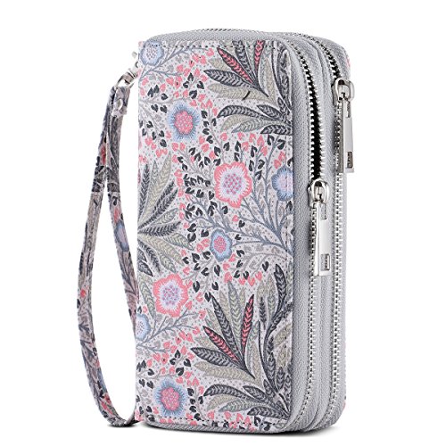 HAWEE Cellphone Wallet Dual Zipper Wristlet Purse with Credit Card Case/Coin Pouch/Smart Phone Pocket Soft Leather for Women or Lady, Pink Fissidens Flower